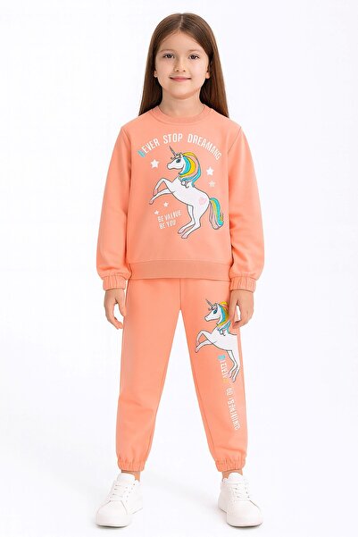 ZUZUNGA Never Stop Dreaming Unicorn Printed Salmon Girls' Tracksuit Set