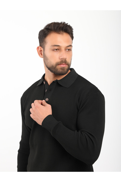 VALERO Men's Standard Fit Regular Cut Buttoned Polo Neck Black Knitwear Sweater