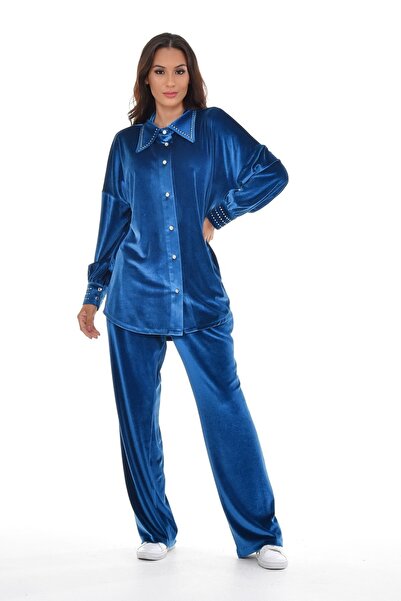 DISENTIS MODEST Women's Velvet Shirt Pants Indigo Set
