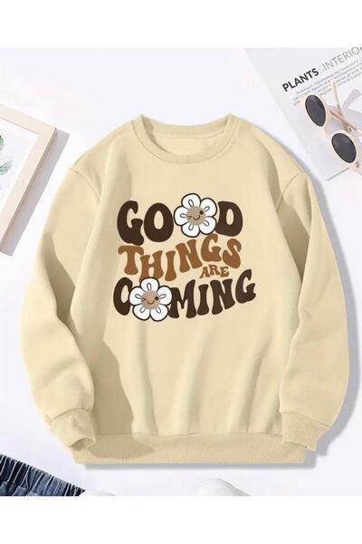 herkesemoda Hanorac Good Think Detaylı cu gât bisercii, cu interior din fleece