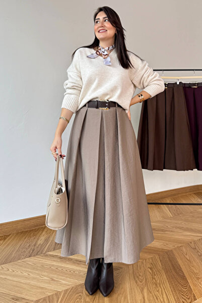 Cappmoda Etk-0580 Mink Pleated Belted Full Length Skirt