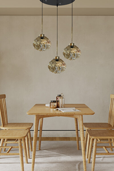 Bamyum Şila Cam Bal Rengi Üçlü Avize İnce Eskitme Başlık Retro Sarkıt Lamba Salon Aydınlatma