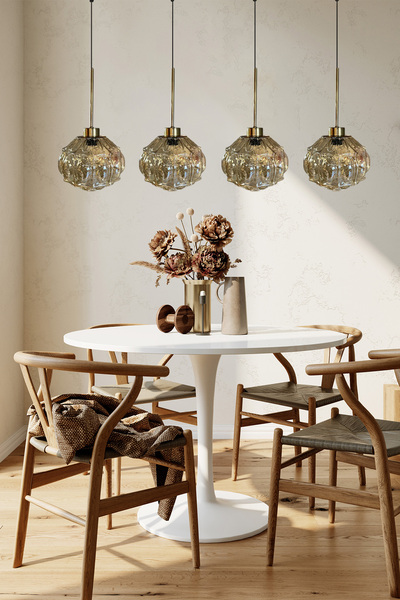 Bamyum Şila Cam Bal Rengi Dörtlü Avize İnce Eskitme Başlık Retro Sarkıt Lamba Salon Aydınlatma