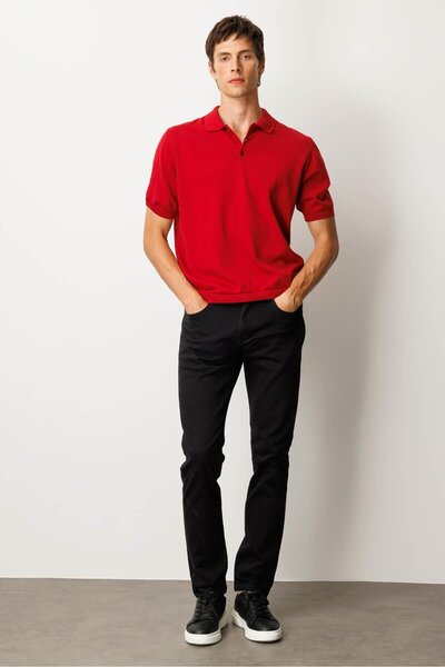 Desen Triko Men's Polo Neck 100% Cotton Short Sleeve Thin Knitwear Red