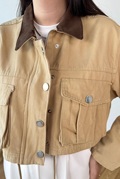 Cappmoda Ckt-1269 Beige Contrast Collar Bag Pocket Tied Crop Denim Jacket