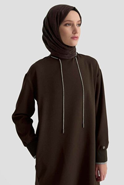 Armine 25Kt436 Brown Women's Tunic with Stone Lace Detail on the Collar and Ribbed Sleeves