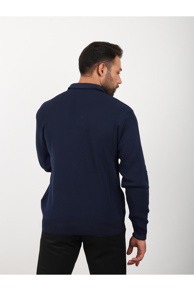 VALERO Men's Standard Fit Regular Cut Buttoned Polo Neck Navy Blue Knitwear Sweater