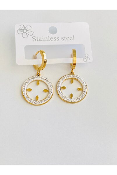 Ustaeller Steel Gold Color Round Earrings with Shiny Stone on the Top