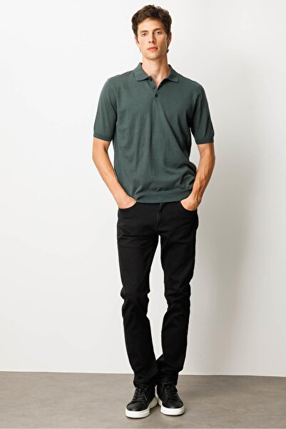 Desen Triko Men's Polo Neck 100% Cotton Short Sleeve Thin Knitwear Dark Green