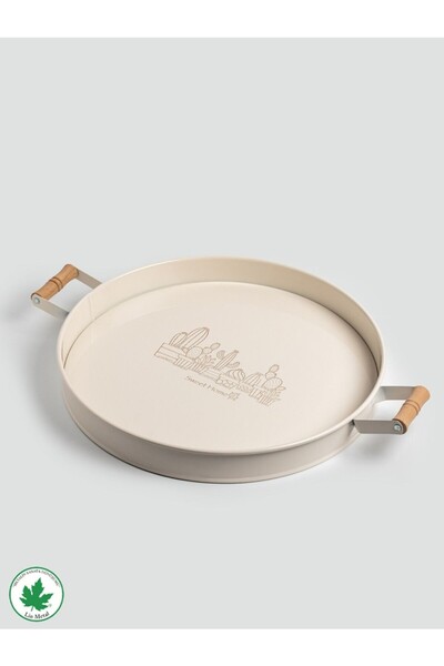 WareHause0 37CM Ahşap Kulplu Krem Metal Tepsi Yuvarlak Çay Tepsisi Sunum Tepsisi Tahta Kulplu (Kaktüs Baskılı)