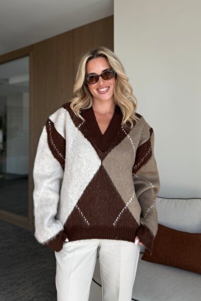 Laluvia Krémový - hnědý svetr s baklavovým vzorem - 25799