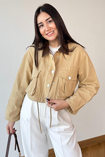 Cappmoda Ckt-1269 Beige Contrast Collar Bag Pocket Tied Crop Denim Jacket
