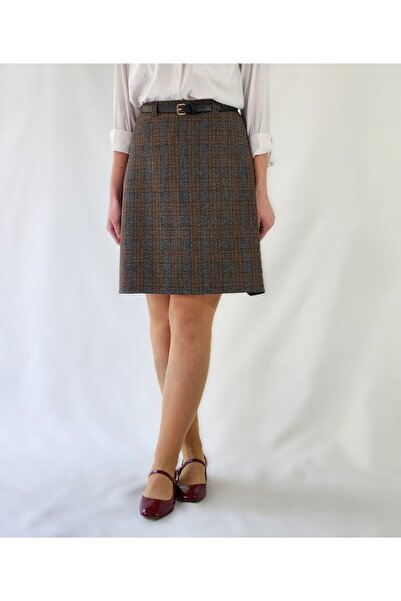 YAXİ High Waisted Light Lycra Woven Fabric Knee Length Plaid Patterned Bell Skirt