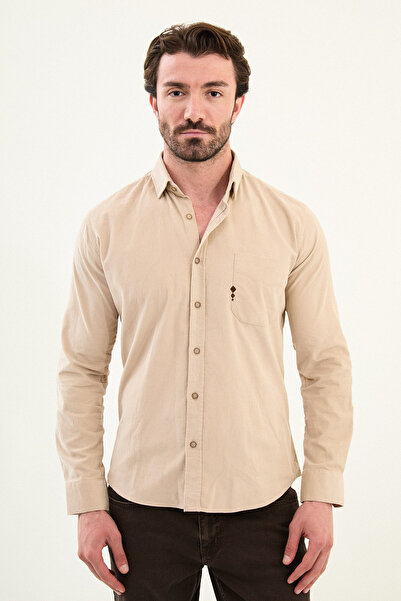 Mcr Plain Slim Fit Embroidery Detailed Velvet Men's Shirt Beige - 27109.25K