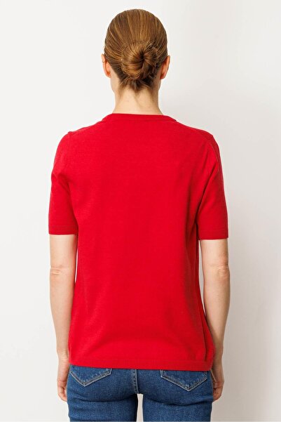 Desen Triko Kadın Sıfır Yaka Kısa Kollu Düz Bluz K.Kırmızı