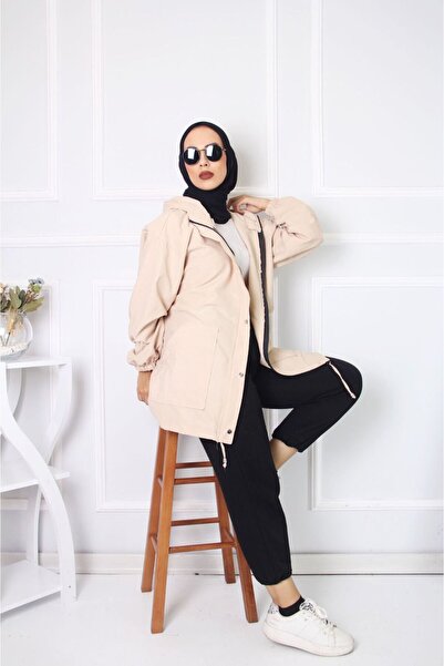 comstar Women's Hooded Pocketed Loose Cream Windbreaker & Raincoat