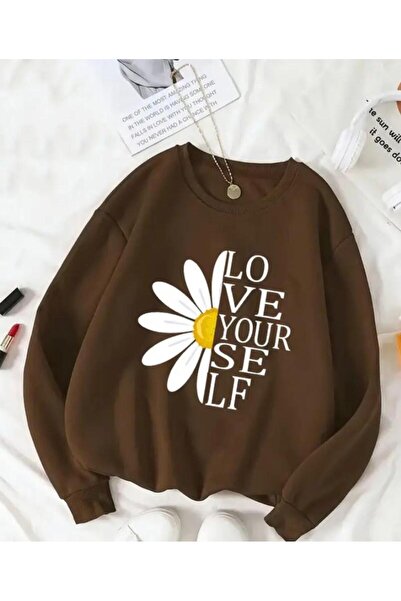 herkesemoda Hanorac cu gât rotund cu imprimeu Daisy, cu interior din fleece