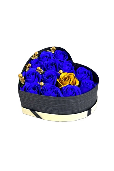 velve Aranjament floral Intimissimo, 13 trandafiri din sapun, stamine artizanale, in cutie inima, Albastru