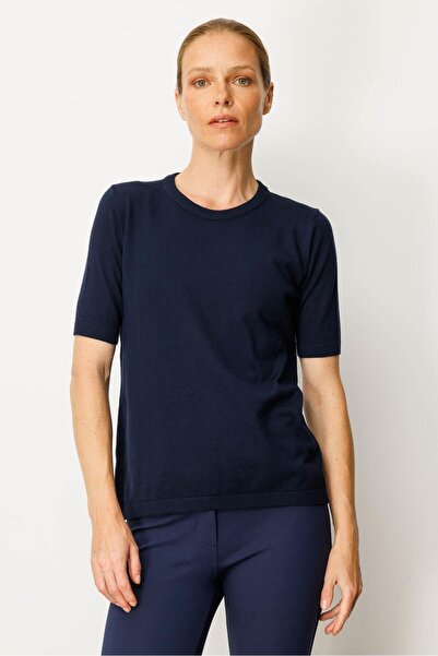 Desen Triko Women's Crew Neck Short Sleeve Plain Blouse Navy Blue