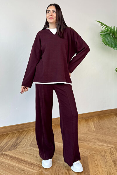 Cappmoda Tkm-1052 Burgundy T-Shirt Detailed V-Neck Thessaloniki Knitwear & Casual Pants Two-Piece Set