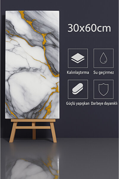 UKAB DEKOR 30x60 cm Kendinden Yapışkanlı Esnek Köpük Mavi Gold Pvc Mermer Pan...