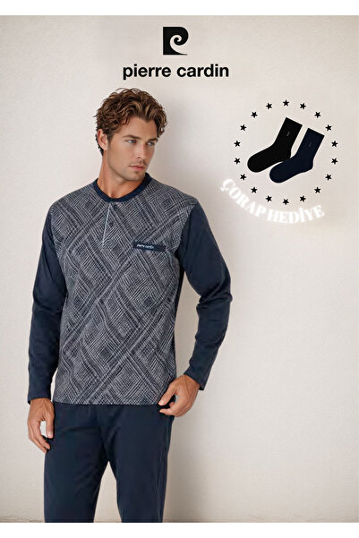 Pierre Cardin Erkek %100 Pamuk Uzun Kol Jakarlı & Düğme Detaylı Pijama Takımı (2 Adet Hediye Çorap) L1.PC.6108.001