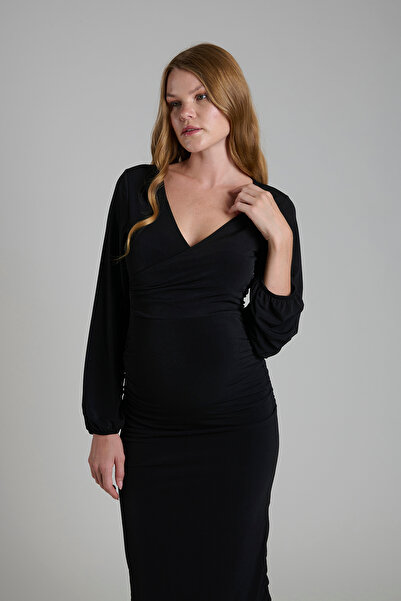 Lynmama MES751 Siyah Gebelik Elbisesi - V Yaka, Draped-Breath Kesim, Uzun Kollu Hamilelik Elbisesi