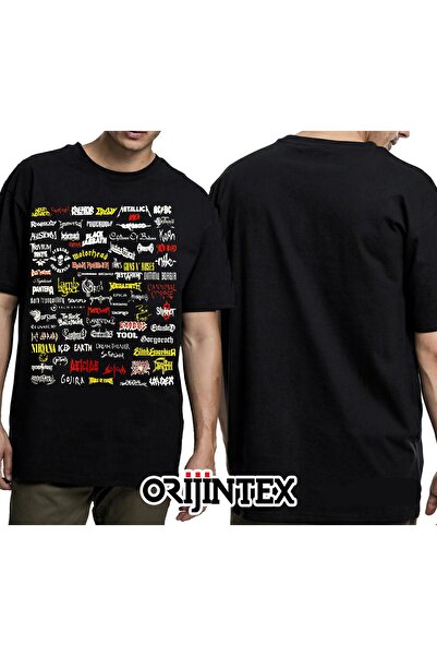 orijintex تيشيرت أسود للجنسين مطبوع عليه فرق موسيقية متعددة من موسيقى الروك م...