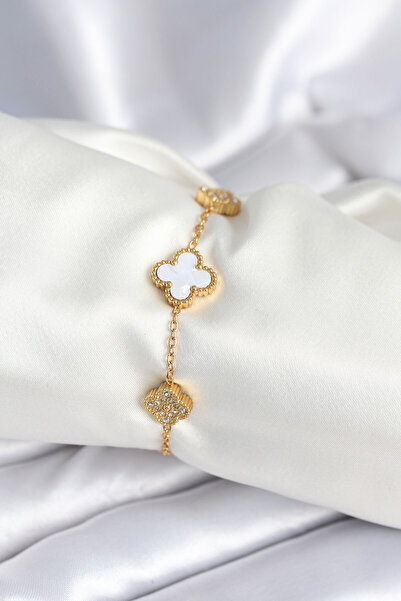 Nehir 316L Steel Chain Zircon Stone Clover White Women's Bracelet Valentine's...