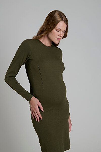 Lynmama MES732 Yeşil Emzirmeli Gebelik Elbisesi - Siyah Uzun Kollu Düz Kesim, Esnek Kumaş