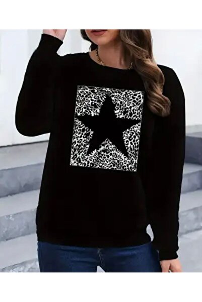 herkesemoda Hanorac din lână cu decolteu cu imprimeu stea