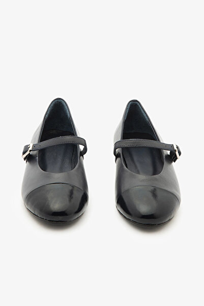 SAYL Navy Blue Genuine Leather Ballerinas with Shiny Toe Detail