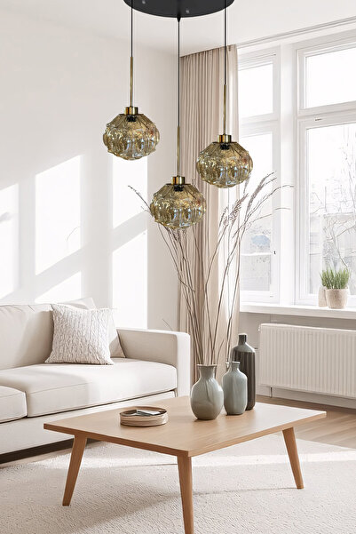 Bamyum Şila Cam Bal Rengi Üçlü Avize İnce Eskitme Başlık Retro Sarkıt Lamba Salon Aydınlatma