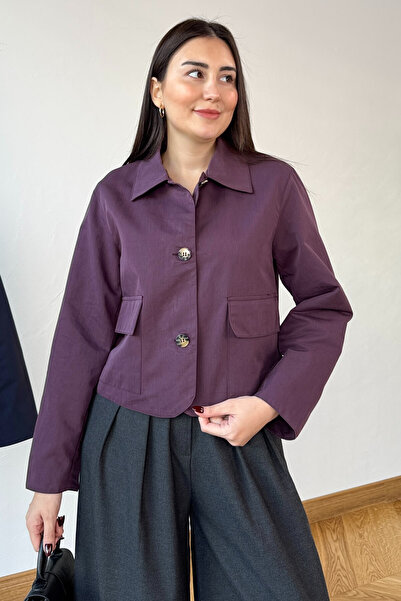 Cappmoda Ckt-0163 Plum Lined Gabardine Pocketed Crop Jacket