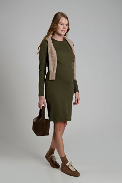 Lynmama MES732 Yeşil Emzirmeli Gebelik Elbisesi - Siyah Uzun Kollu Düz Kesim, Esnek Kumaş