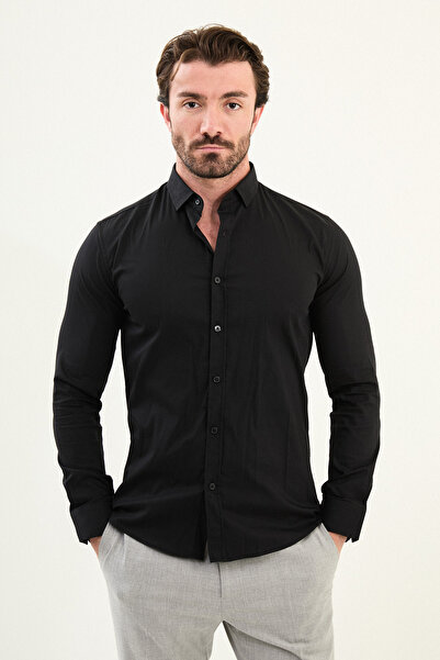 Mcr Cămașă pentru bărbați cu mânecă lungă, slim fit, cu model, neagră - 27111.25K