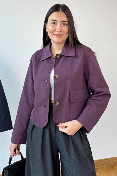 Cappmoda Ckt-0163 Plum Lined Gabardine Pocketed Crop Jacket