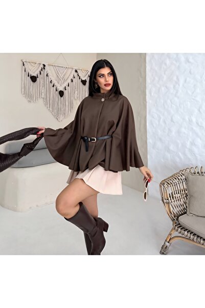 DİMA Πόντσο από σουέτ με κίτρινο κουμπί και λεπτομέρεια με ζώνη