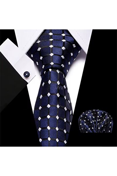 KESNUP Set elegant de cravată, batistă și 2 butoni, model în carouri Alb / Bleumarin / Negru