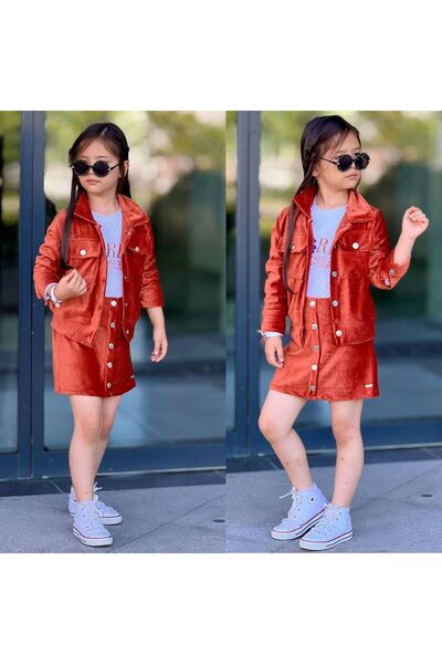 STEEL BABY 3'LÜ CEKET TİŞÖRT ETEK KIZ ÇOCUK KADİFE TAKIM