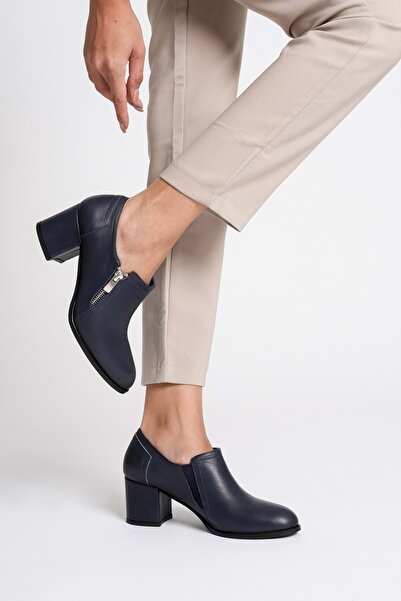 ANALİN SHOES Kadın Hakiki Deri Fermuar Detaylı Şık Topuklu Ayakkabı - Lacivert