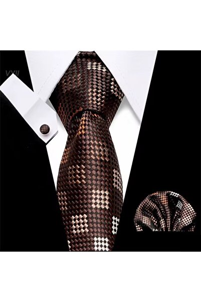 KESNUP Set elegant de cravată, batistă și 2 butoni, model în carouri maro/bej