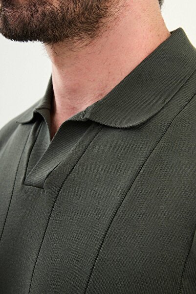 Mcr Striped Slim Fit Lapel Collar Men's Sweater Khaki - 11572.25K