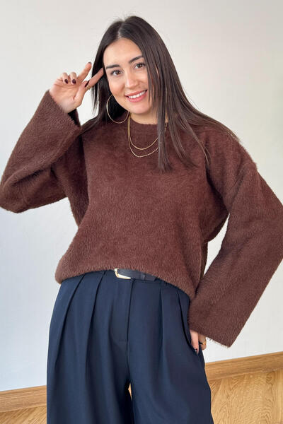 Cappmoda Trk-9050 Brown Soft Textured Oversize Cashmere Sweater