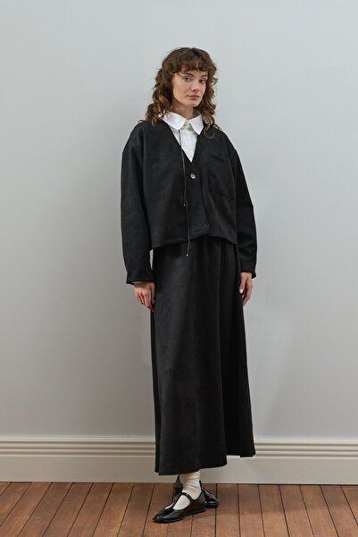 Ceylan Otantik Black Suede Flared Skirt - Jacket Set
