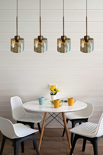 Bamyum Lille Cam Bal Rengi Dörtlü Sarkıt Avize İnce Eskitme Başlık Salon Mutf...