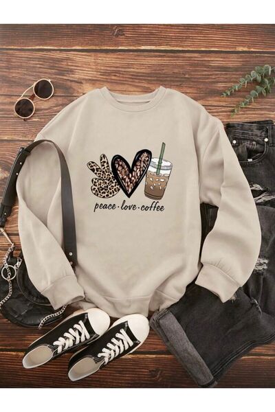 herkesemoda Peace Love Detaylı Bisiklet Yaka İçi Polarlı Sweatshirt