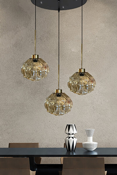 Bamyum Şila Cam Bal Rengi Üçlü Avize İnce Eskitme Başlık Retro Sarkıt Lamba Salon Aydınlatma