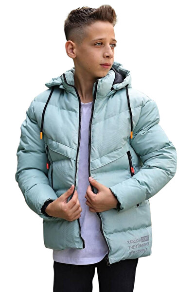 İrem Çocuk Giyim معطف أخضر مائي للأولاد مع جيب أمامي بسحاب وغطاء رأس قابل للفصل