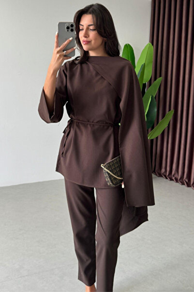 My Blog Brown Paloma Collar Detailed Blouse Pants Set - 8752